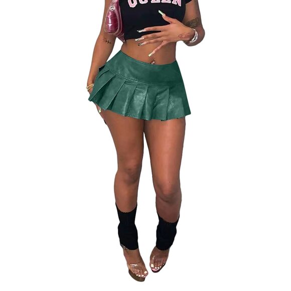Dresses & Skirts - 5438 Sexy Y2K Pu Leather Skirt High Wiast Stretchy Cute Mini Pleated Short